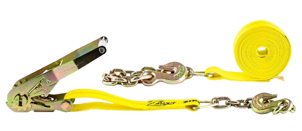 2" X 27' POLYESTER RATCHET CARGO TIE DOWN ASSEMBLY WITH RATCHET AND CHAIN ANCHOR EACH END, WLL: 3,333 LBS. @ 3:1 DESIGN FACTOR (1200-02720)