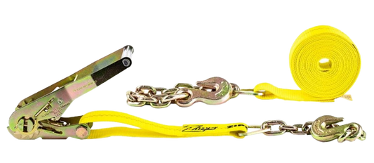 2" X 27' POLYESTER RATCHET CARGO TIE DOWN ASSEMBLY WITH RATCHET AND CHAIN ANCHOR EACH END, WLL: 3,333 LBS. @ 3:1 DESIGN FACTOR (1200-02720)